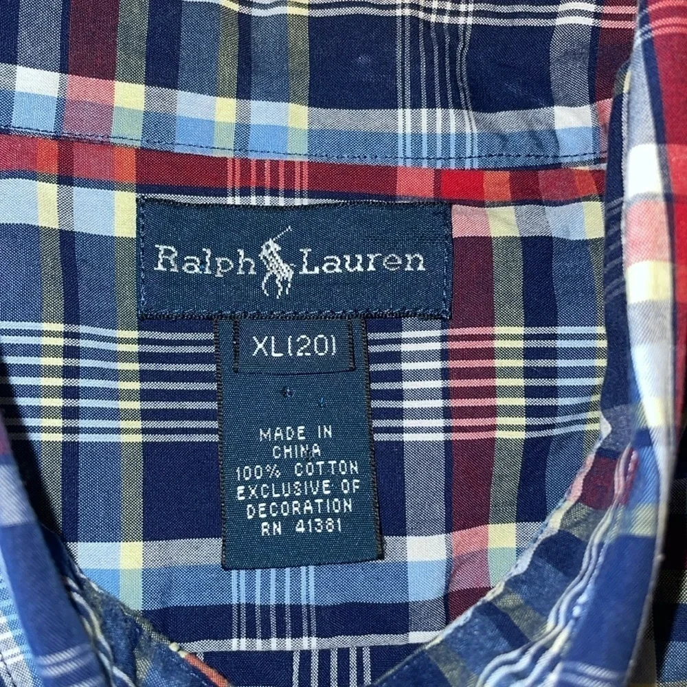 Ralph Lauren Kids XL Blue Plaid Short Sleeve Button Down Shirt